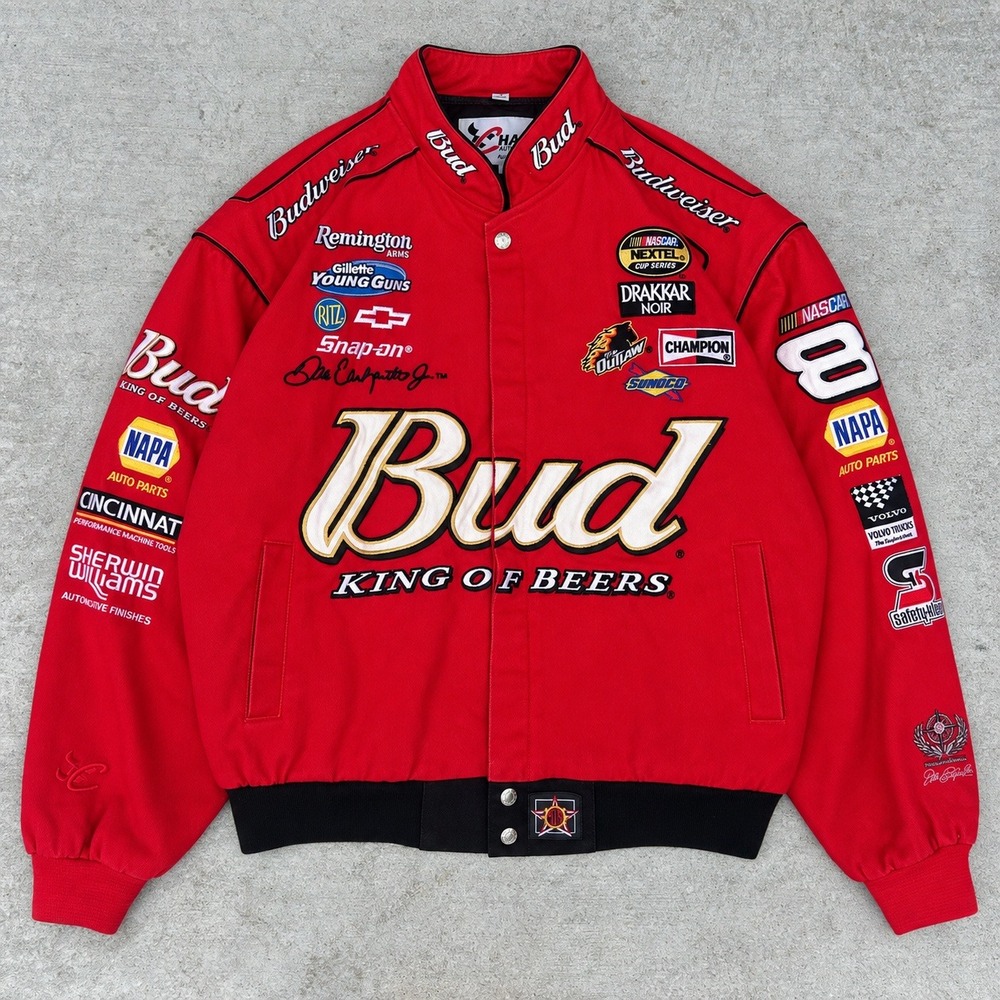 Chase Authentics Budweiser NASCAR Racing Jacket Large Red Y2K Dale Earnhardt Jr.